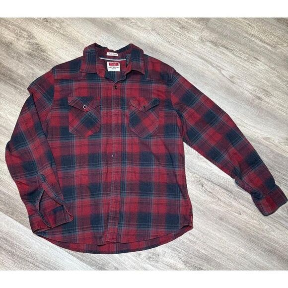 Wrangler Flex For Comfort Mens‎ large Red Black Plaid Button Shirt Long Sleeve - Picture 1 of 5